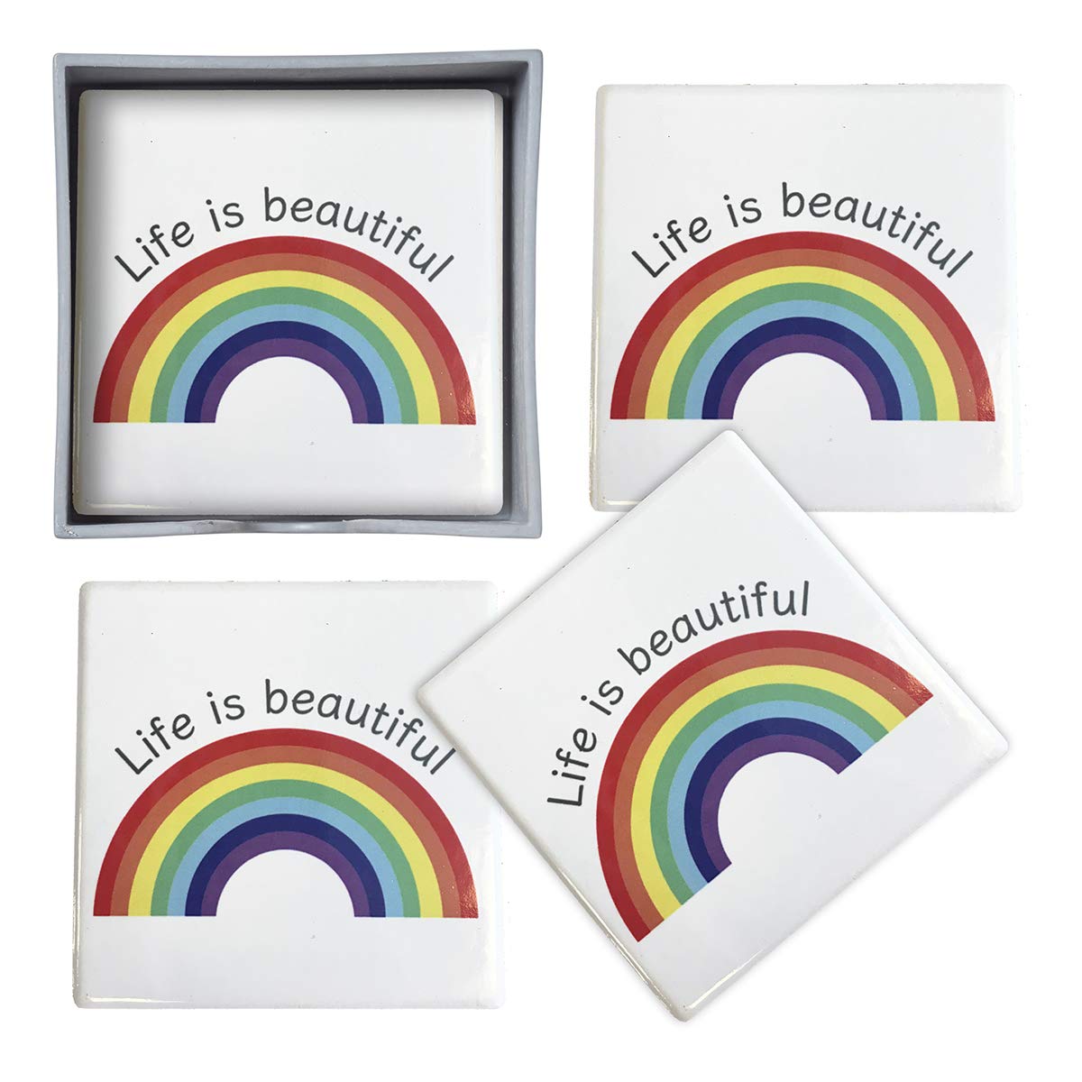 Transomnia - Set of 4 'Life is beautiful' rainbow ceramic coasters. LGBT Gift Gay Pride.