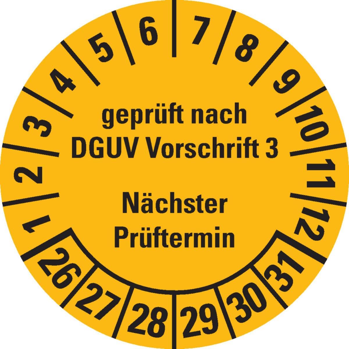 Prüfplakette geprüft DGUV Vorschrift 3,26-31,gelb,Folie,ablösbar,Ø 25mm,105/Heft