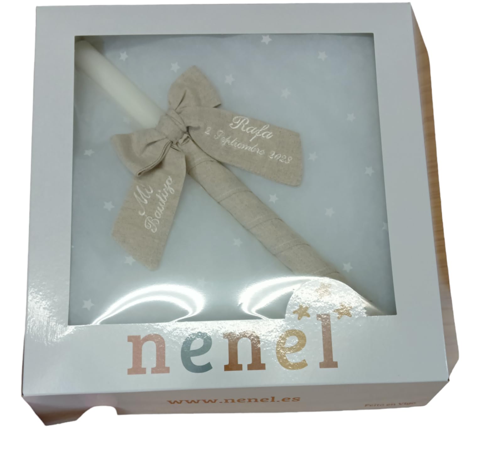 Vela para Bautizo personalizada - Vela Bautismal Personalizable con nombre y fecha – Cirio Sacramental- Modelo Lino – Nenel (Rústico)
