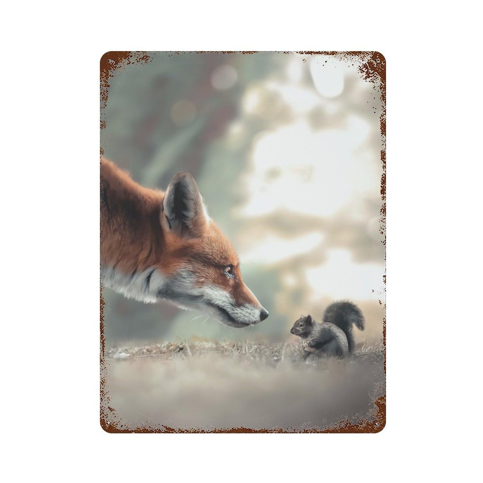 Garage Style Fox Meets Squirrel Vintage Rust Metal Sign 15.7"x11.8", Rustic Home Decor for Bar And Workshop