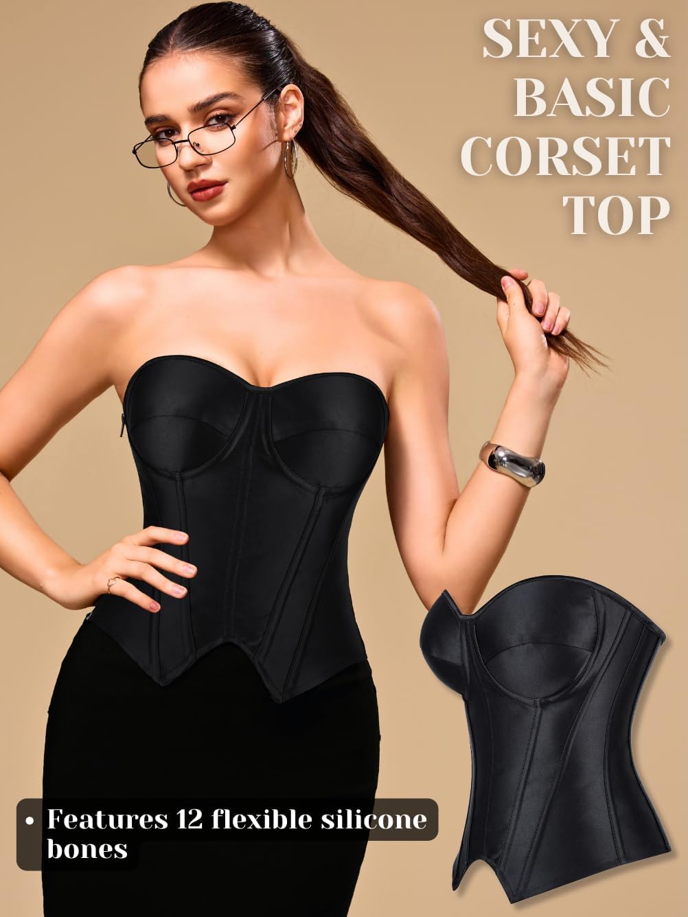 Corset Top for Women, Sexy Lace Up Overbust Bustier, Strapless Zipper Side Tops, Office Club Going Out Outfits - Image 2