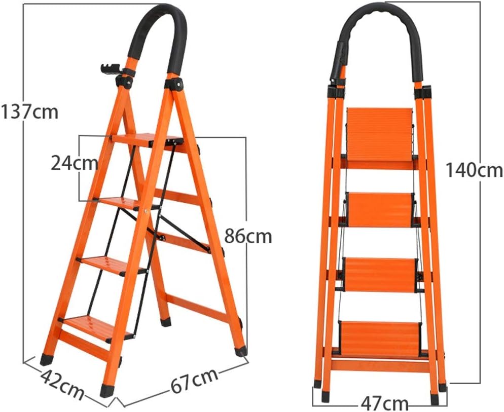 Step Stool Step Folding Ladder, Step Aluminum Alloy Ladder Attic Stepladder Dedicated Ladder for Warehouse Household Ladder/Orange/42 X 67 X 137Cm