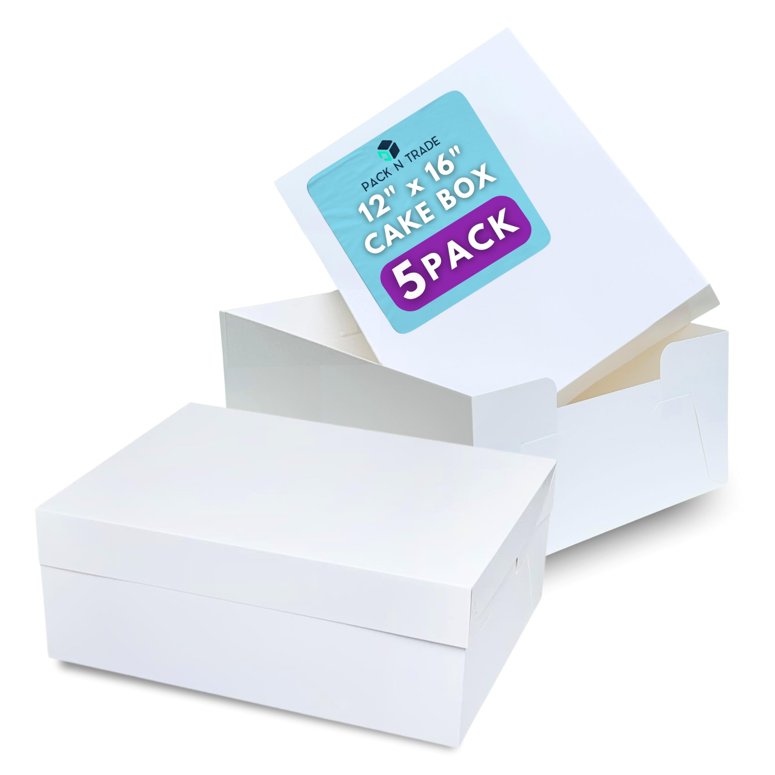 Pack N Trade Oblong Cake Box 16"x12"x6" with Lid, 5 Pcs Durable White Rectangle Container for Cakes & Tray Bakes