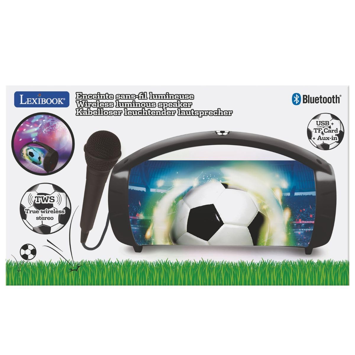 Lexibook Fußball Bluetooth‑Lautsprecher mit Mikrofon, tragbar, inkl. Kabelmikrofon, wiederaufladbar, für Kinder ab 6 Jahren, weiß/schwarz, BTP585FOZ