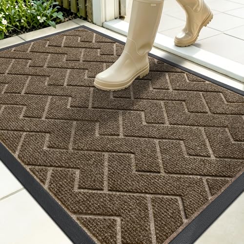 Image of OLANLY Front Door Mat Indoor Outdoor Entrance, Waterproof All-Season, All-Weather Doormat, Sturdy Natural Rubber, Low Profile, Easy Clean Patio Porch Entryway Mat, Herringbone Brick (Brown, 35x23)