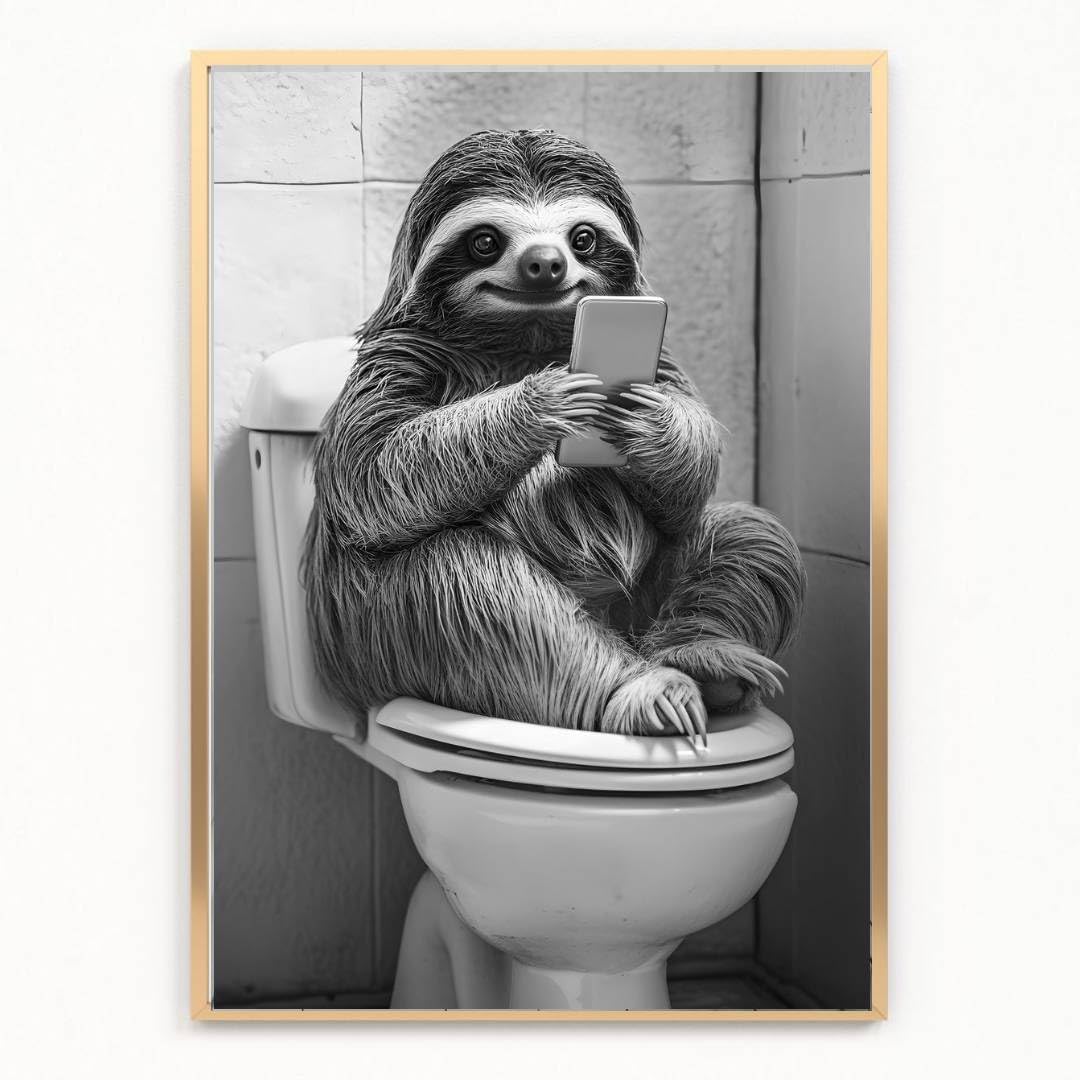 Gfc Black White Funny Bathroom Toilet Animal Print Picture Poster Sloth On A Toilet Selfie Phone A4 Unframed Wall Art Home Decor Decorating