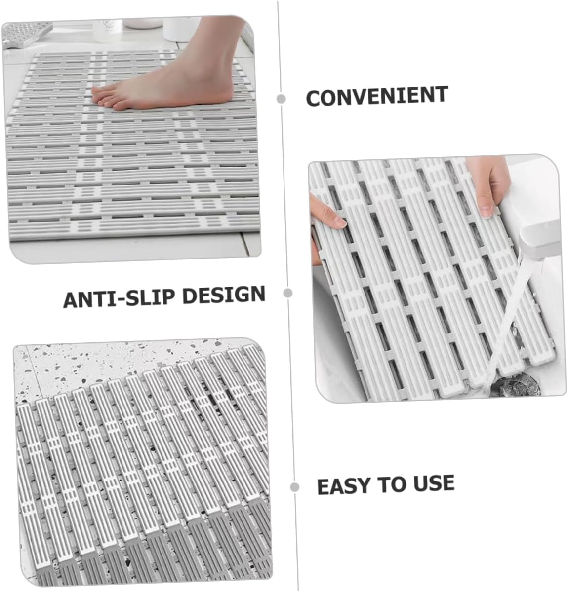 Non-Slip TPE Bathroom Floor Mat with Suction Cups and Drain Bathtub Mat for Safe Showering Light Gray Anti-Skid Ground Pad for Home and Bathroom Use