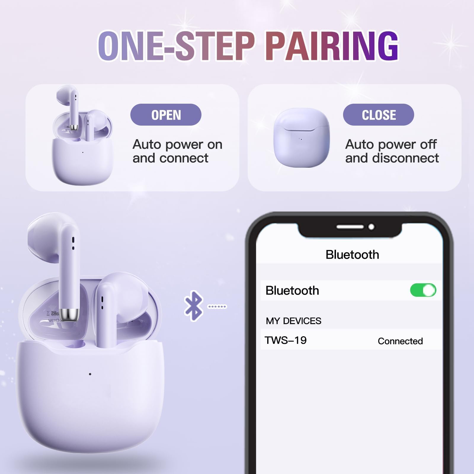 Xmenha Écouteurs sans Fil Bluetooth 5.3 avec Microphone, Réduction du Bruit, écouteurs Bluetooth HiFi Stéréo Son, écouteurs sans Fil TWS avec étui de Chargement pour iOS Android Violet