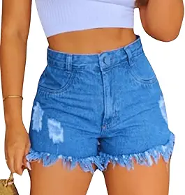 Short Jeans Feminino Azul Cintura Alta Botão Coberto Zíper Ruídos Barra Desfiada 100% Algodão