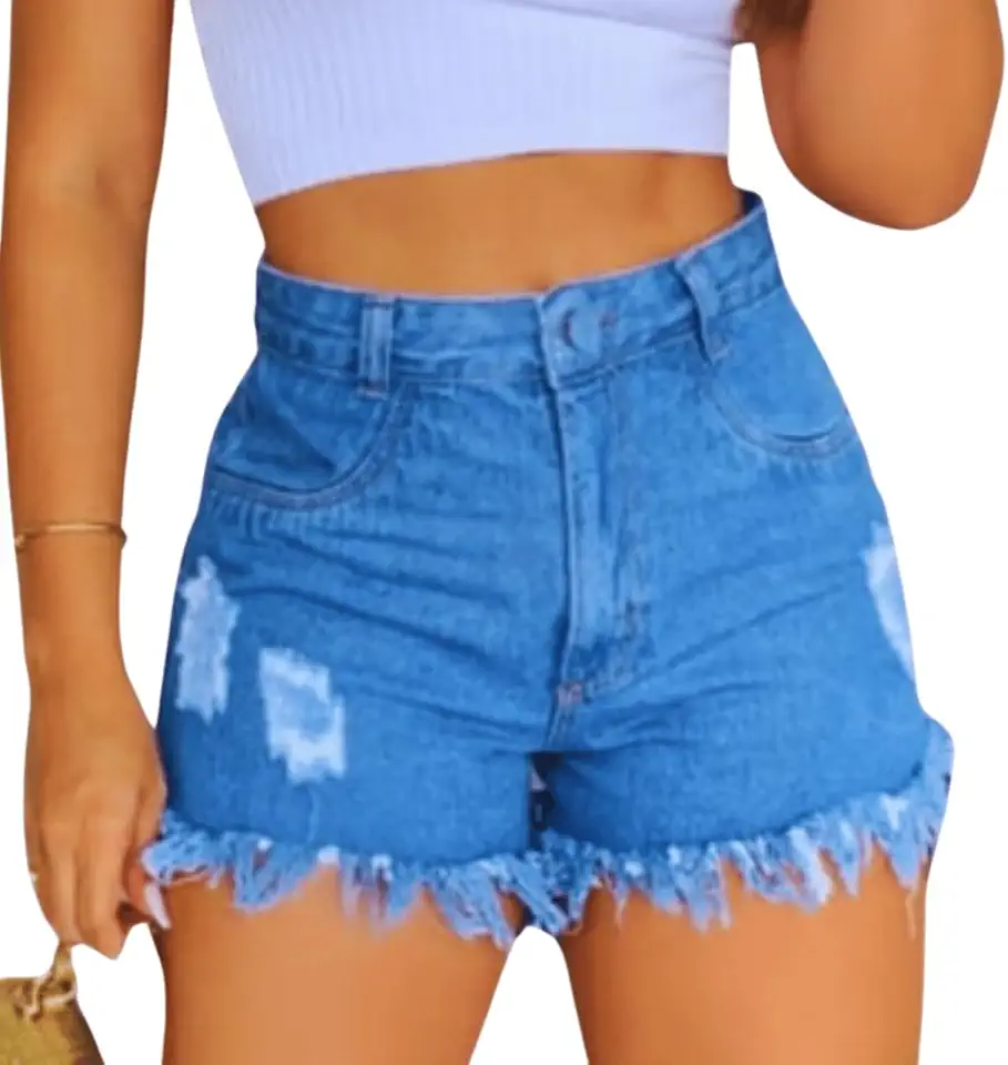 Short Jeans Feminino Azul Cintura Alta Botão Coberto Zíper Ruídos Barra Desfiada 100% Algodão