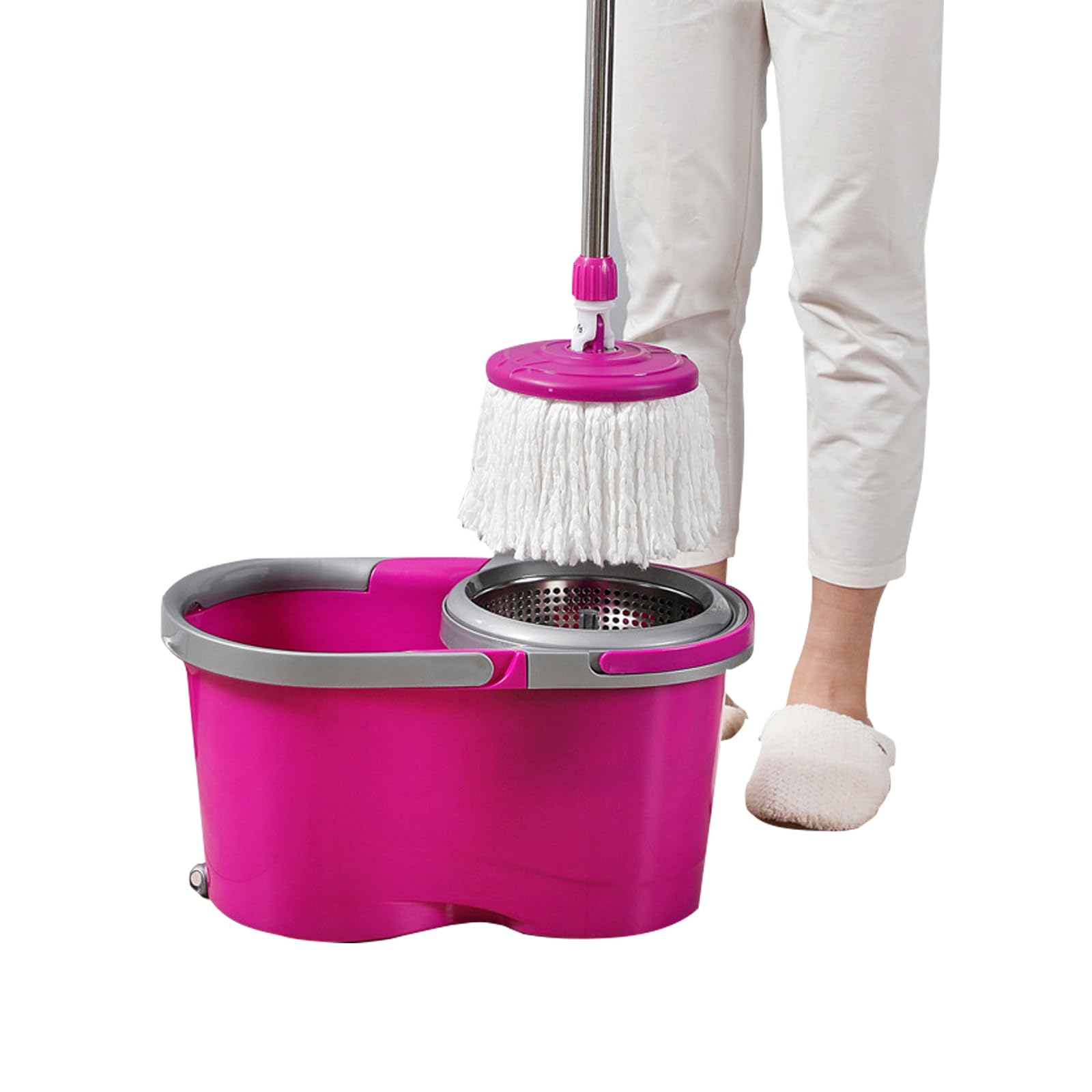 Juego de Cubo y fregona giratoria con Cubo de plástico con escurridor de Acero, fregona giratoria de 360 ​​Grados, 1 Recambio Adicional, Ruedas para una Movilidad Suave,B