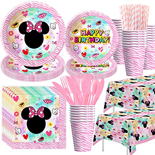 Apowbls Minnie Birthday Party Supplies Girl - Minnie Theme Mouse Party Decorations Tableware, Plate, Cup, Napkin, Tablecloth, Cutlery, Minnie 1St 2Nd 3Rd Birthday Decorations Dinnerware | Serve 24 #TOP12