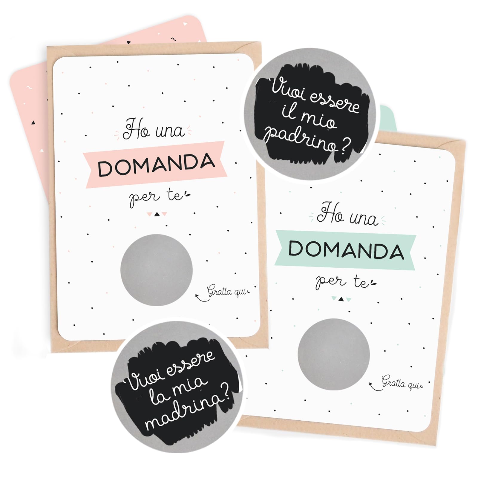 Manahia Set 2 Biglietti Gratta e Vinci Padrini Idea Originale per Chiedere e Annunciare il Battesimo Buste Kraft