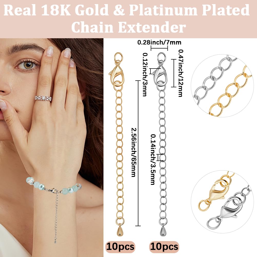 Beebeecraft 2 Colore 20 Pezzi Chiusure A Moschettone con Catena di Estensione 24K Oro e Platino Placcato Chiusura A Moschettone Catena Estensione Gioielli Set per Collane Braccialetti Creazione di