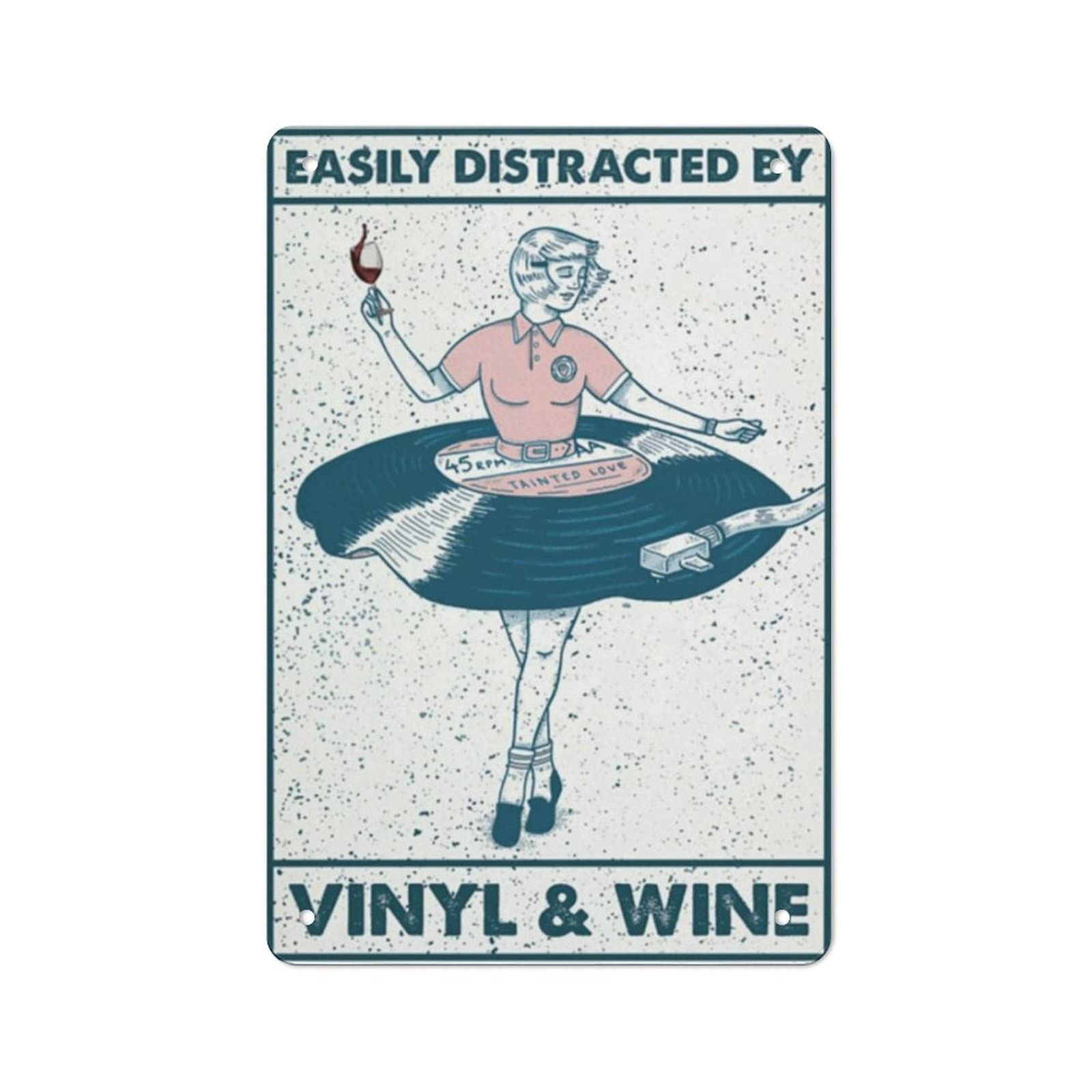 AOOEDM Easily Distracted By Vinyl&Wine Vintage Metal Sign Wall Decor Metal Plaque for Cafe Bar Pub Home Beer Retro Poster 12x8 Inch