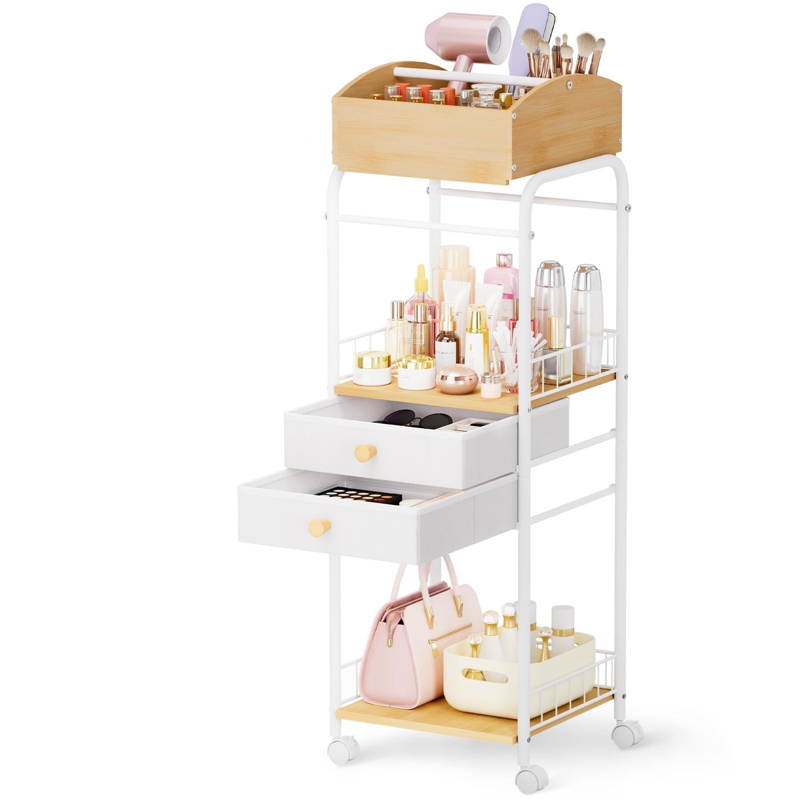 Lifewit Floor Makeup Organizer Storage Cart with Drawers and Wheels, Skincare Cosmetics Organizers with Removable Top Tray, Vanity Organizer for Nail Polish Perfume Makeup Brush, Ideal Gift, White