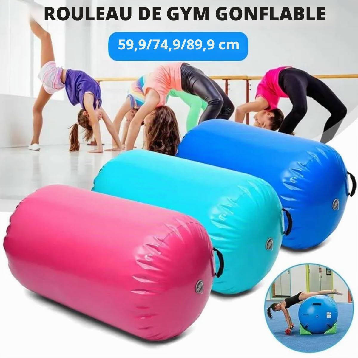 Air Roller Gym Tapis de Gymnastique Rythmique Gonflable 60 75 90 CM Cylindre à air gymnastique Roll avec pompe pour la formation de rebond des mains/maison/yoga/Fitness