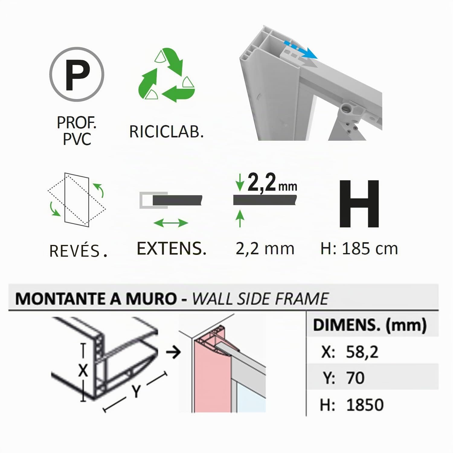 Mampara de ducha Pared Walk In 80 CM H 190 de Acrílico color Blanco mod. Beatrix Perfil