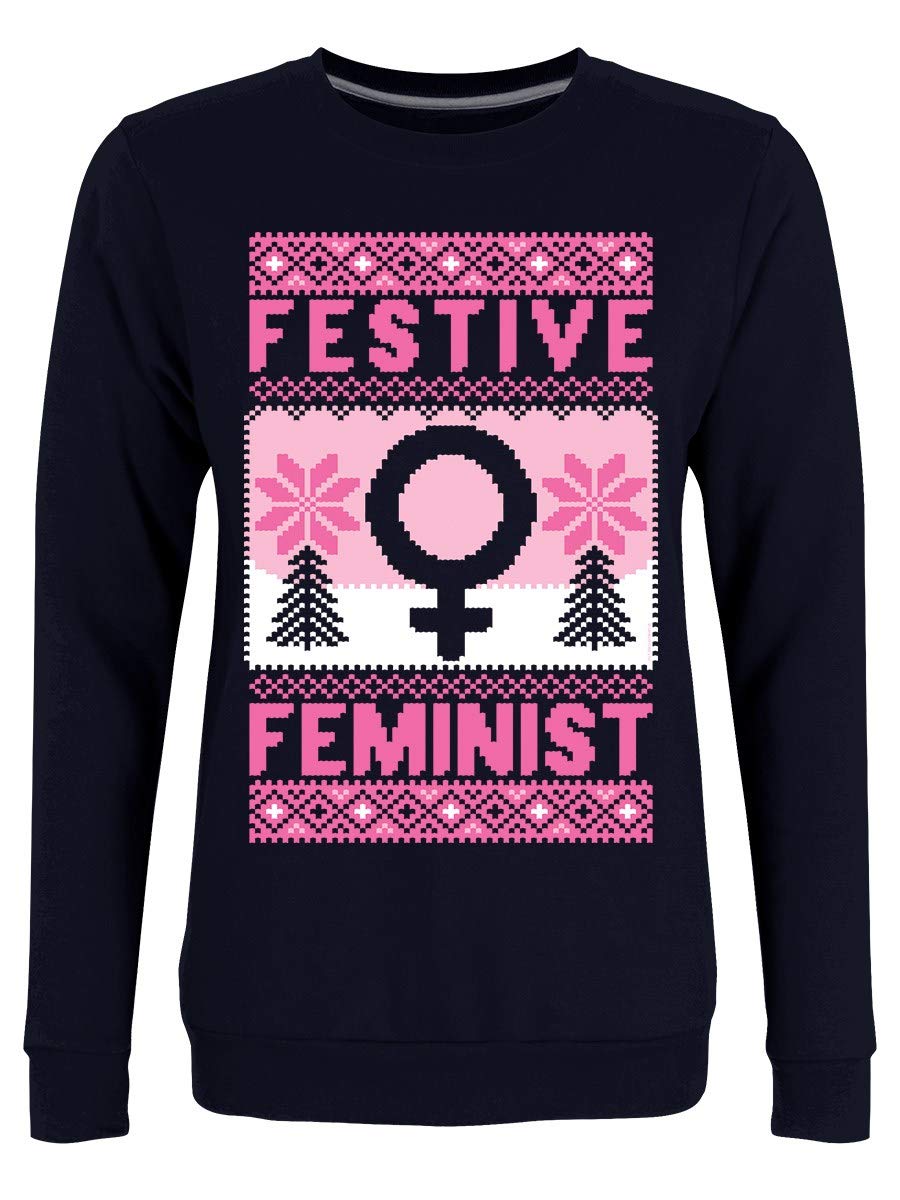 Grindstore Women's Navy Festive Feminist Blue Christmas Jumper Sweater