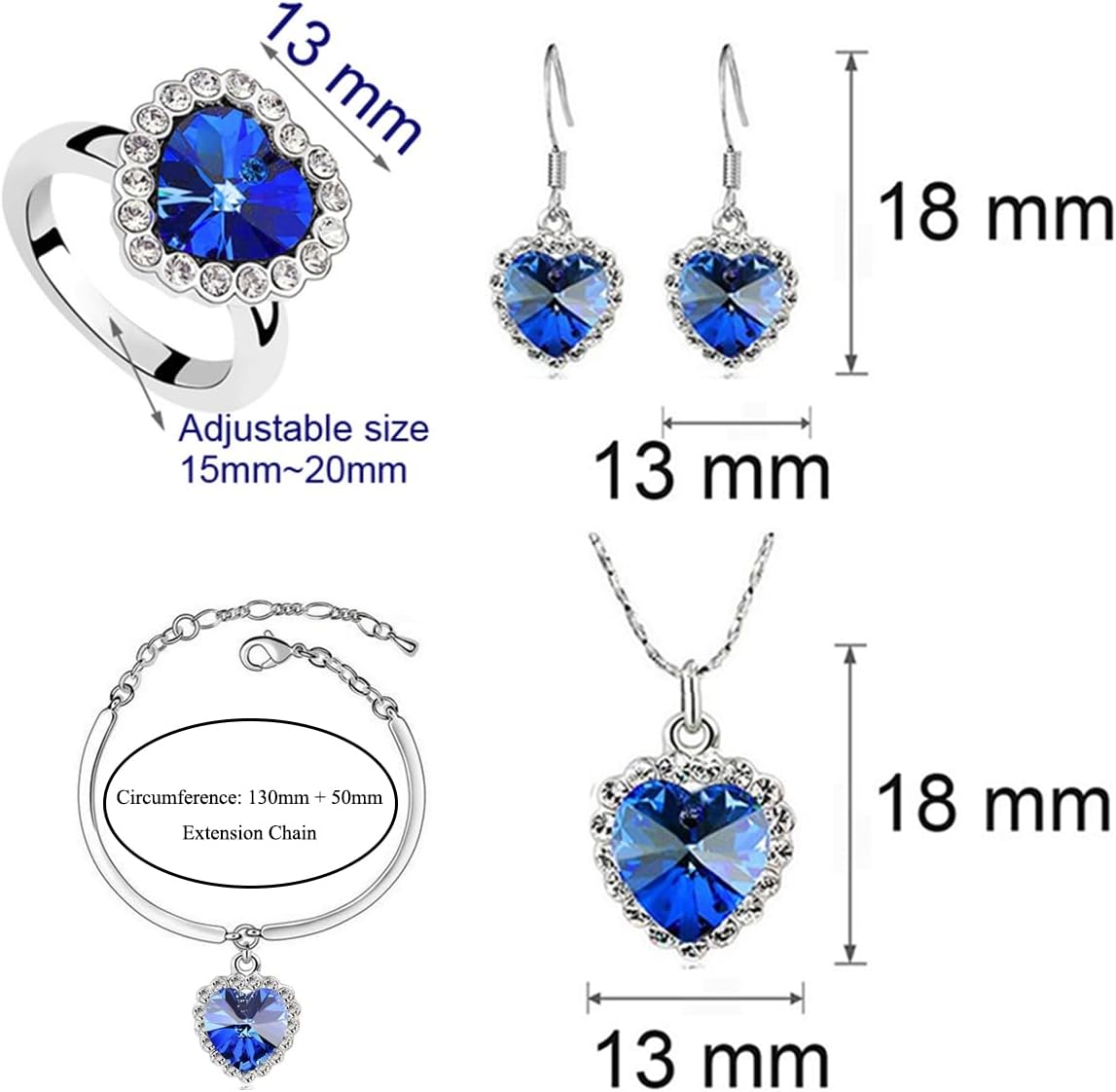AILUOR Titanic Heart of The Ocean Necklace Earrings Bracelet and Rings Jewelry Set, Silver Blue Sapphire Crystal Necklace Pendants Wedding Prom Jewelry - Image 5