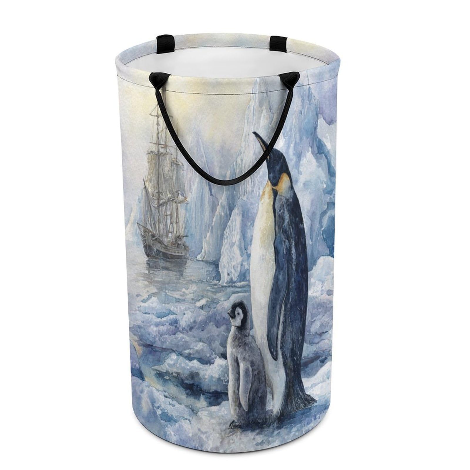 LUYYSKY Funny Abstract Cute Penguin Versatile Storage Laundry Basket, Classic Oil Painting Antarctic Pirate Ship Animal Penguin Large Capacity Bathroom Hamper With Handle