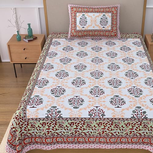 Image of 100% Cotton Single Bedsheet with 1 Pillow Cover | 240 TC Pure Cotton Flat Bed Sheet | Traditional Jaipuri Printed Bedding Set | Soft & Breathable | 60 x 90 Inch (Rangmahal Single 41)