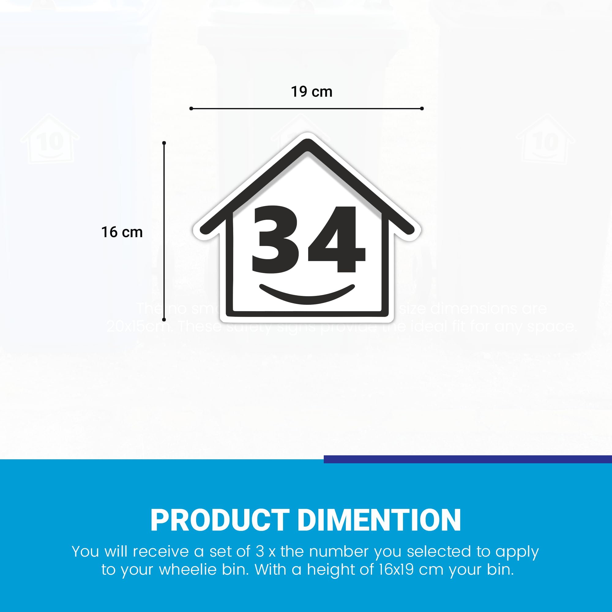 3 x Bin Numbers for Wheelie Bins, 1-99, 15cm ‘Happy House’ Design Dustbin Stickers, Easy Application Stick On Number Stickers - Weatherproof Self Adhesive Vinyl, Black (34) — view 6