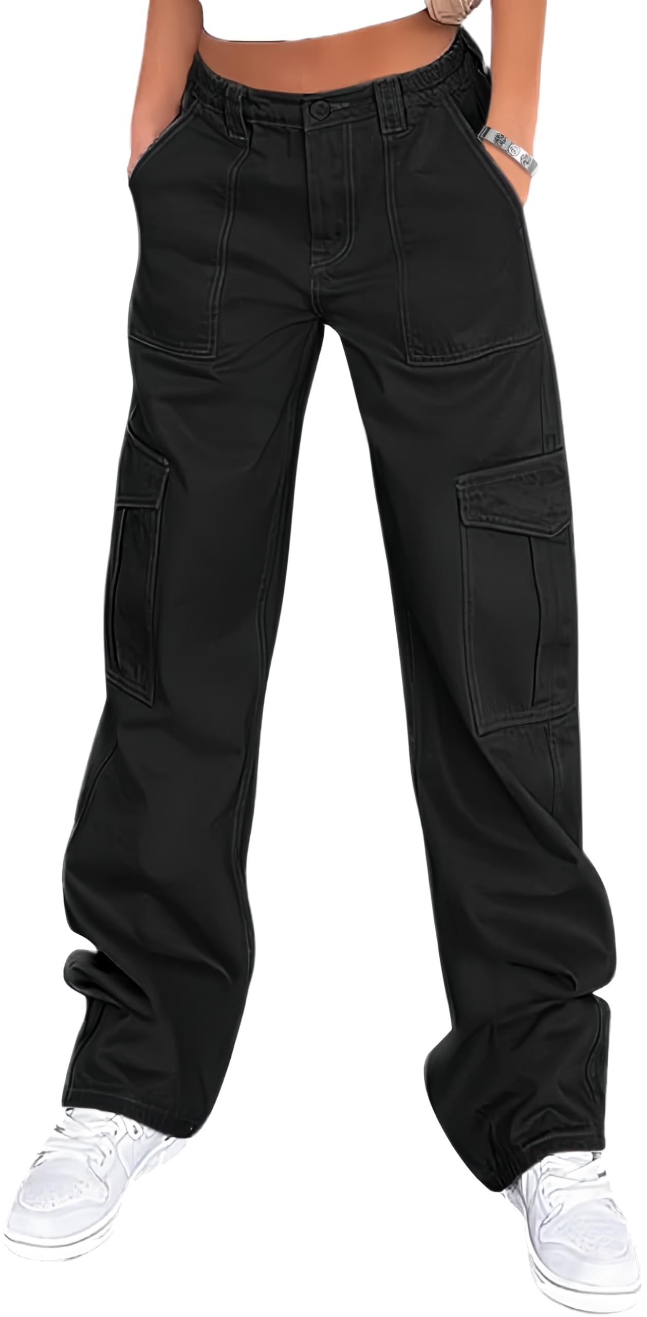 BUNSLOOM Cargohose Damen Hohe Taille 6 Taschen Baggy Weites Bein Stretch Y2K Streetwear Hosen
