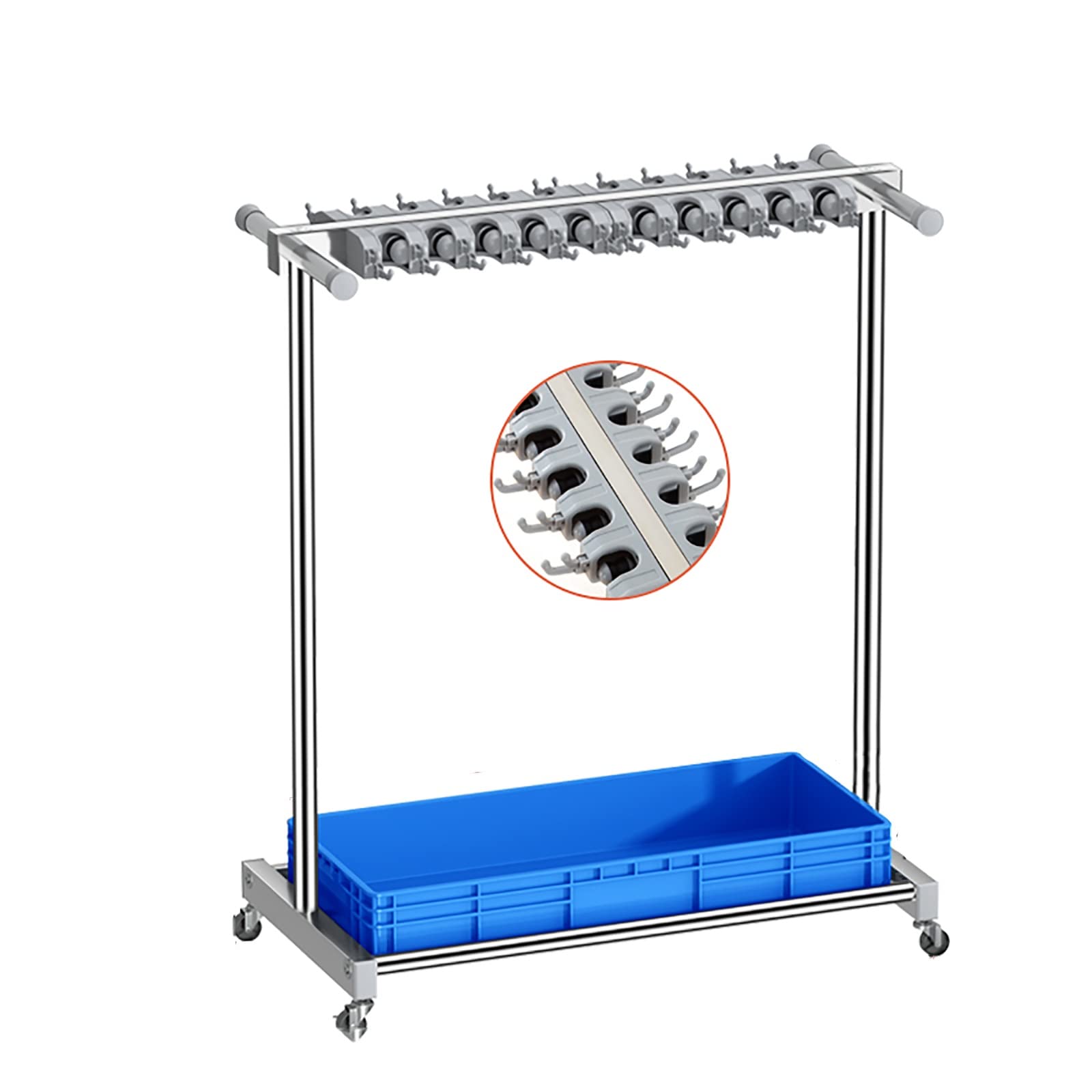 Soporte de acero inoxidable para fregona y escobas, montaje en el suelo, para fregonas, escobas, paraguas y herramientas de limpieza, 10 ranuras movibles, solución de almacenamiento