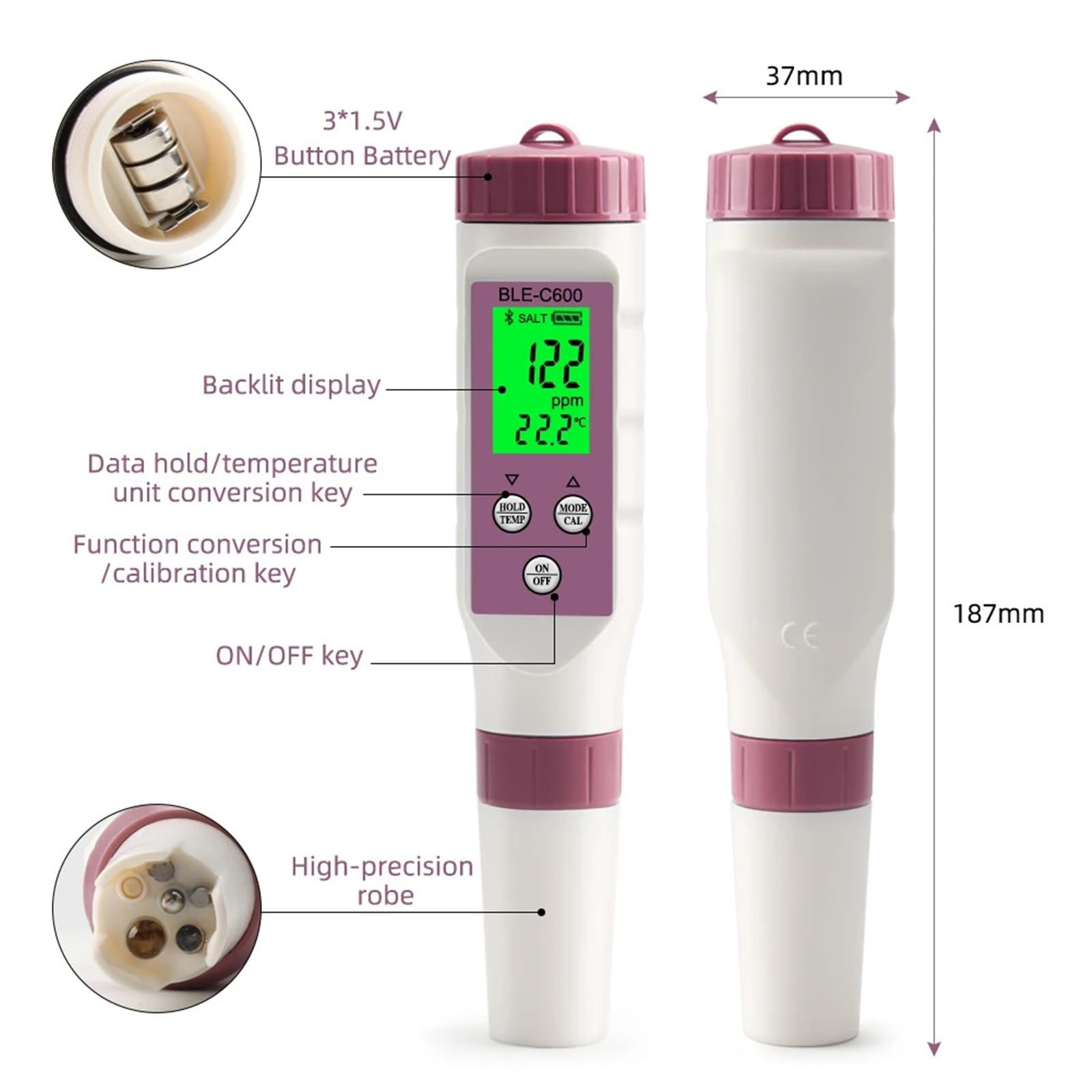 Testeur d'eau, Testeur de qualité de l'eau 7 en 1, testeur de température, ORP, EC, TDS, salinité, SG, PH, Bluetooth, contrôle par Application for Aquarium, Laboratoire