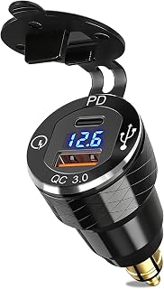 DIN Socket to USB C for Moto BMW, PD3.0 and QC3.0 DIN Connector Hella Socket Plug Waterproof Aluminum Match Transmitter with LED Voltmeter for 12V/24V Ducati Triumph Other European Style Motorcycles