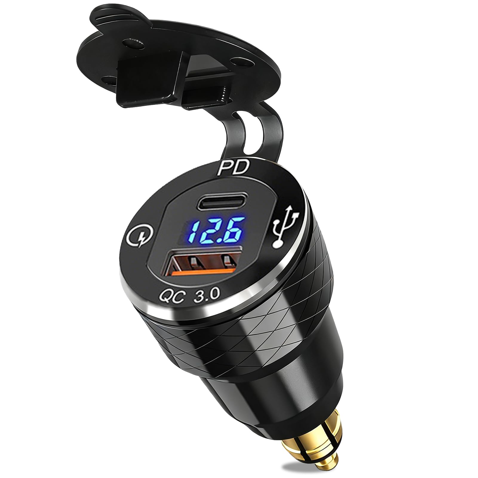 Toma USB C DIN para moto cargador, 30 W PD3.0 y 18 W QC3.0 Dual USB Din Hella Socket Plug Impermeable Aluminio Adaptador para encendedor de cigarrillos con LED Voltmeter, para 12 V/24 V Ducati Triumph