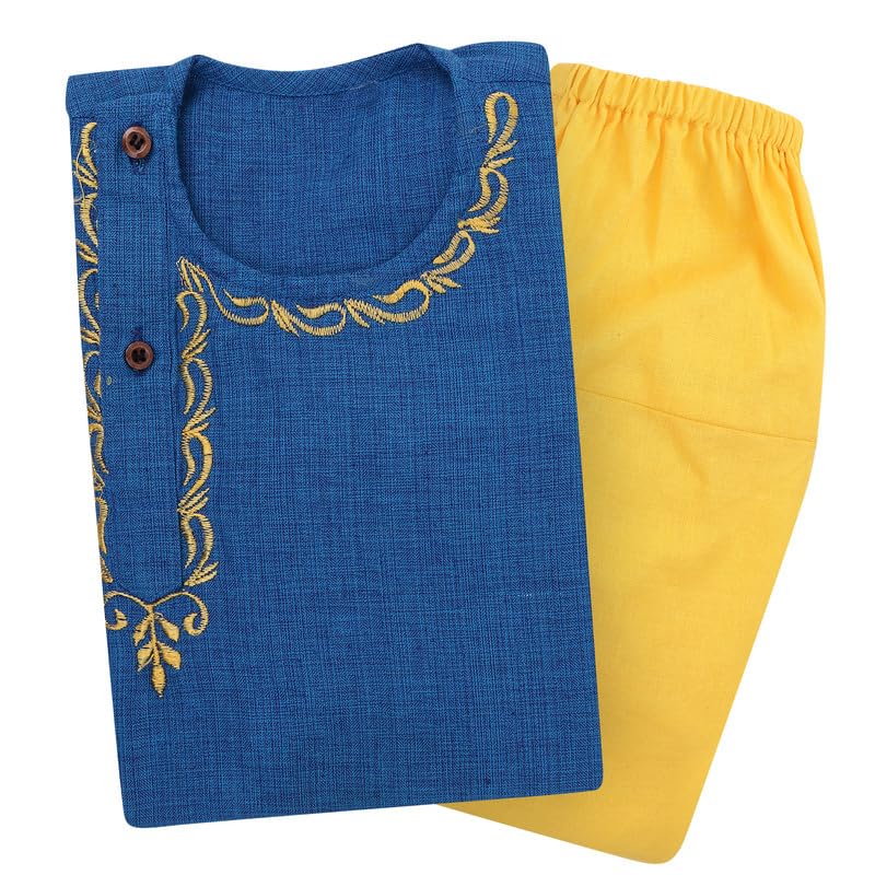 Image of superminis Baby Boy's Handloom Cotton Kurta With Embroidery Around The Neck And Contrast Color Dhoti Clothing Set