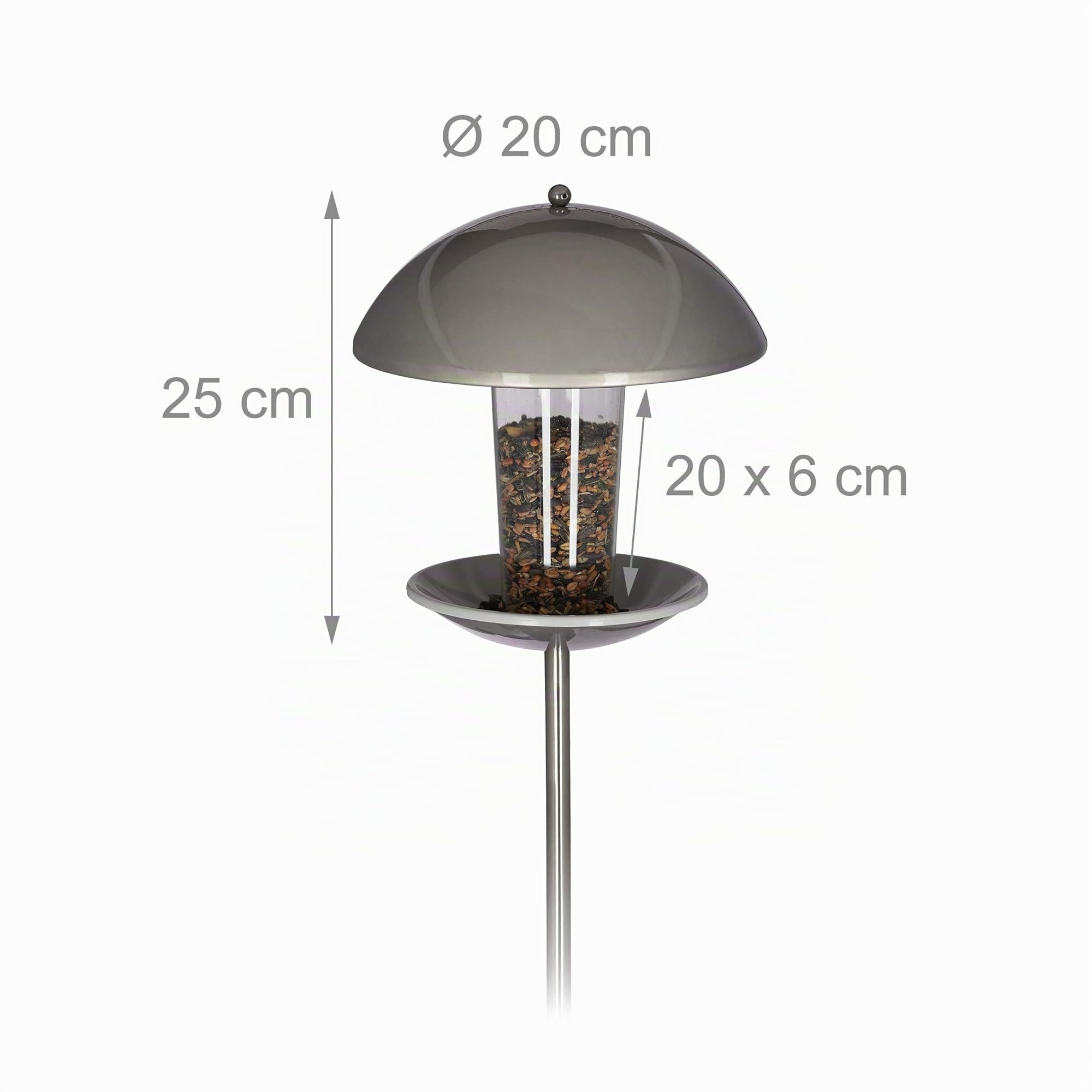 Relaxdays Mangeoire à oiseaux, Distributeur de graines en silo, jardin ou balcon, avec piquet H : 172 cm, argenté