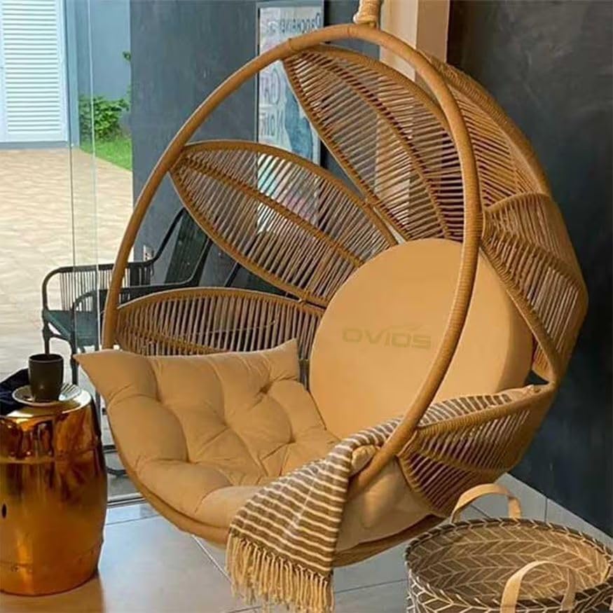 Image of Rattan Wicker Wrought Iron One Seater Swing Chair with Powder Coated Stand & Cushion & Hook | Double Hammock Swing for Adults & Kids | Modern Swing Jhula (Beige)
