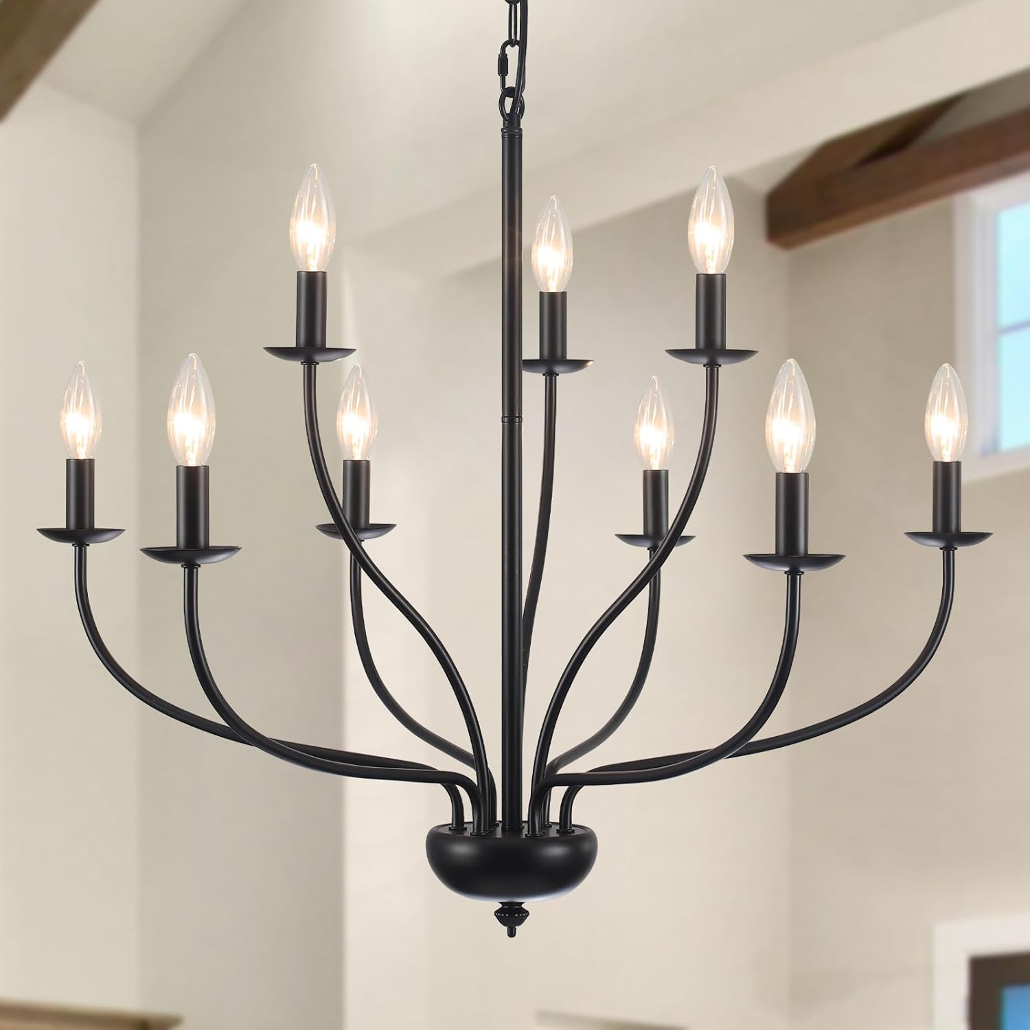 Black Farmhouse Chandelier 9-Light, 2-Tier Candle Chandeliers for Dining Room Light Fixtures, Industrial Hanging Light French Country Chandelier for Bedroom Living Room Foyer Entryway
