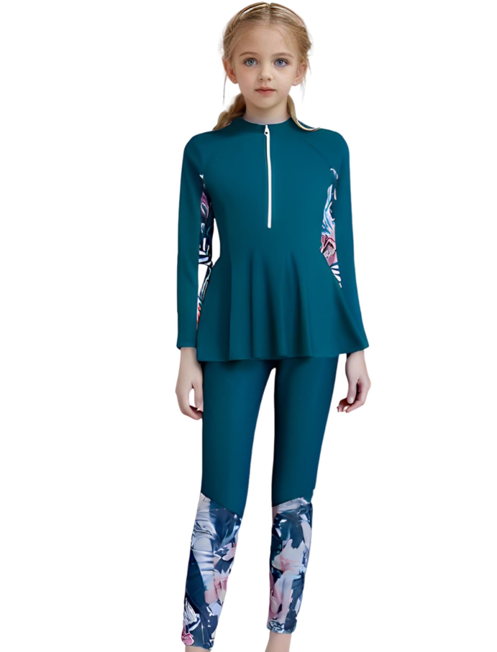 OBEEII Maillot de bain musulman pour filles Burkini à manches longues avec pantalon de bain 2 pièces Tankini rashguard modeste