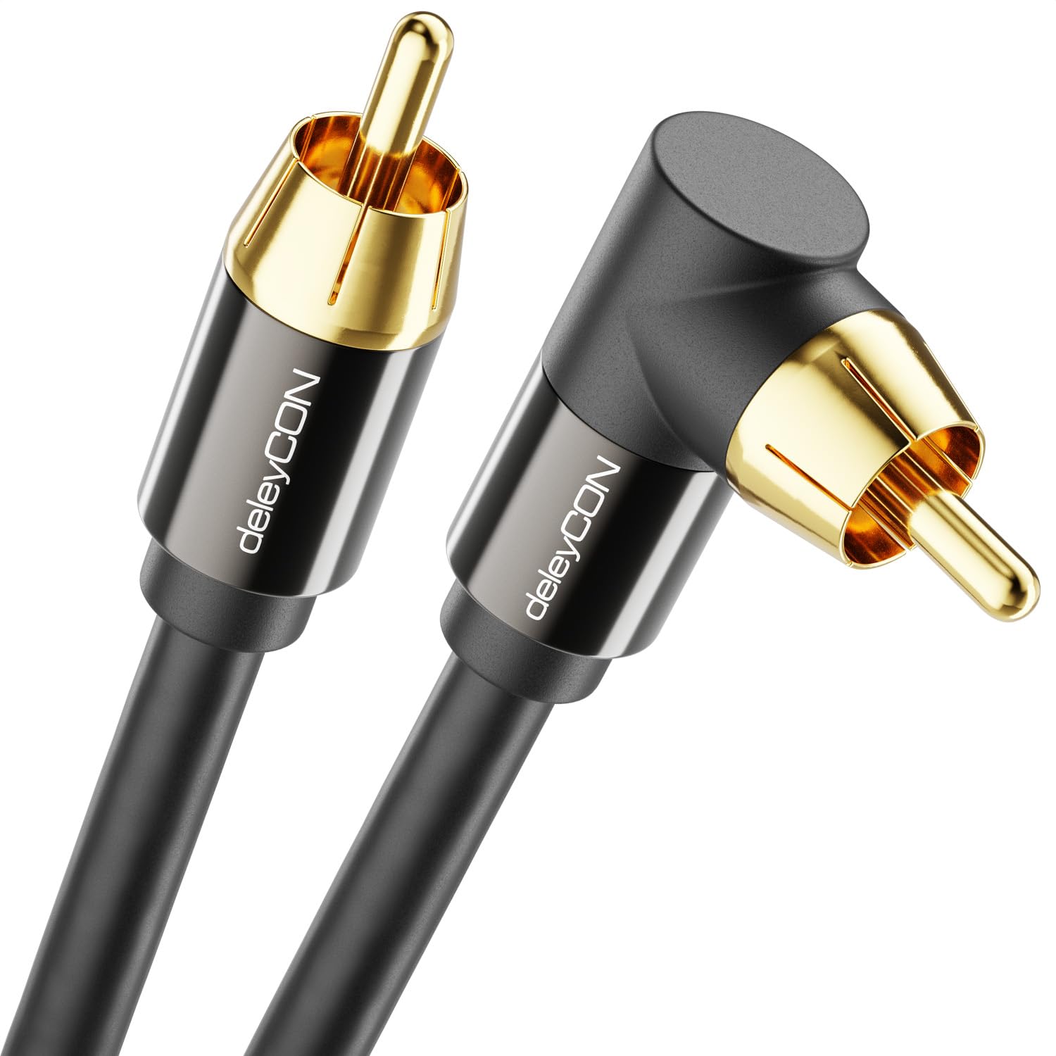 deleyCON 2m Kabel do Subwoofera - Wtyk Kątowy - Kabel Koaksjalny Cinch RCA - do Subwoofera, Amplitunera AV, Wzmacniacza HiFi, Zestawów HiFi, Soundbarów, Aktywnych Głośników - Nylon Czarny