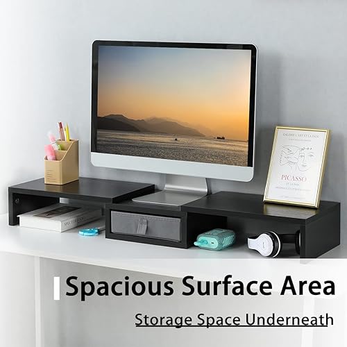 Miniatura 8 de TEAMIX Soporte elevador para monitor de 3 estantes con longitud de cajón y ángulo ajustable doble elevador de monitor con esquina de almacenamiento