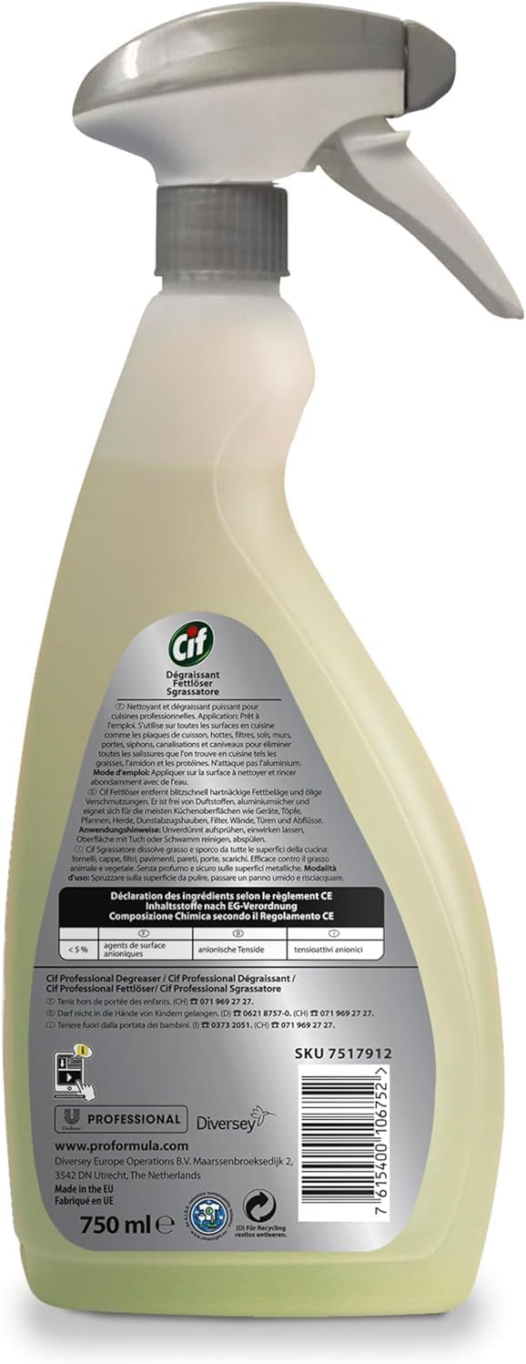 Cif Professional Fettlöser, anwendungsfertig, parfümfrei, aluminiumverträglich, geeignet für Lebensmittelbereiche, 6 x 0,75 Liter Sprühflaschen