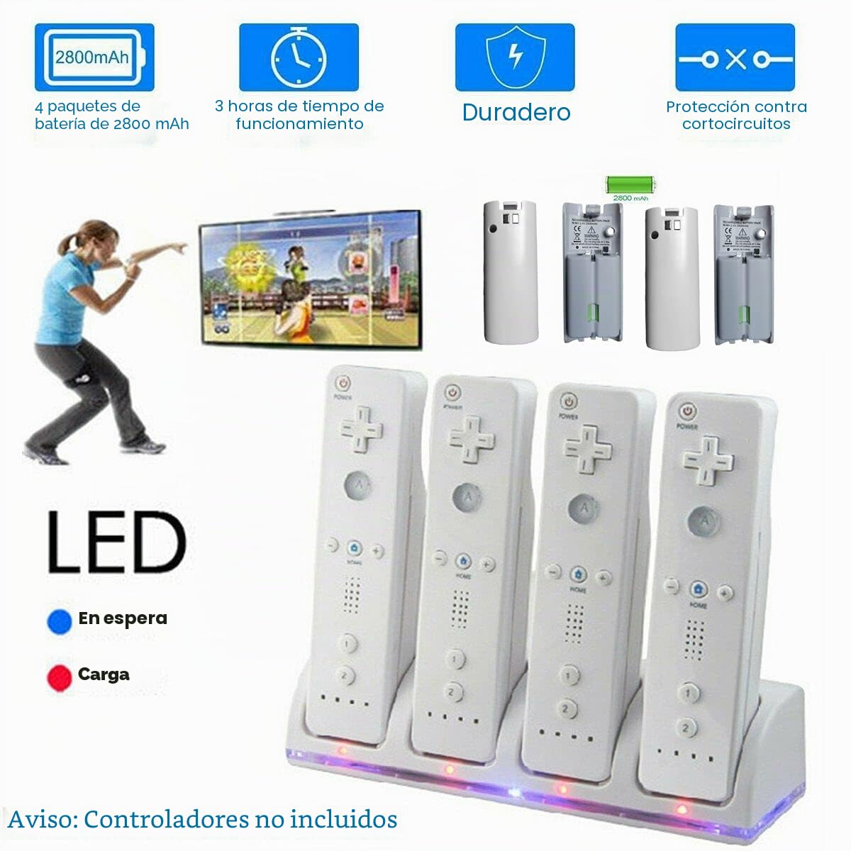Estación de Carga para Controlador de Wii 4 en 1, Base de Cargador de Controlador, estación de Carga con 4 Baterias Recargables e Indicadores LED para el Controlador Wii | Cuatro baterías recargables, indicadores LED, compatibles con mandos a distancia Wi