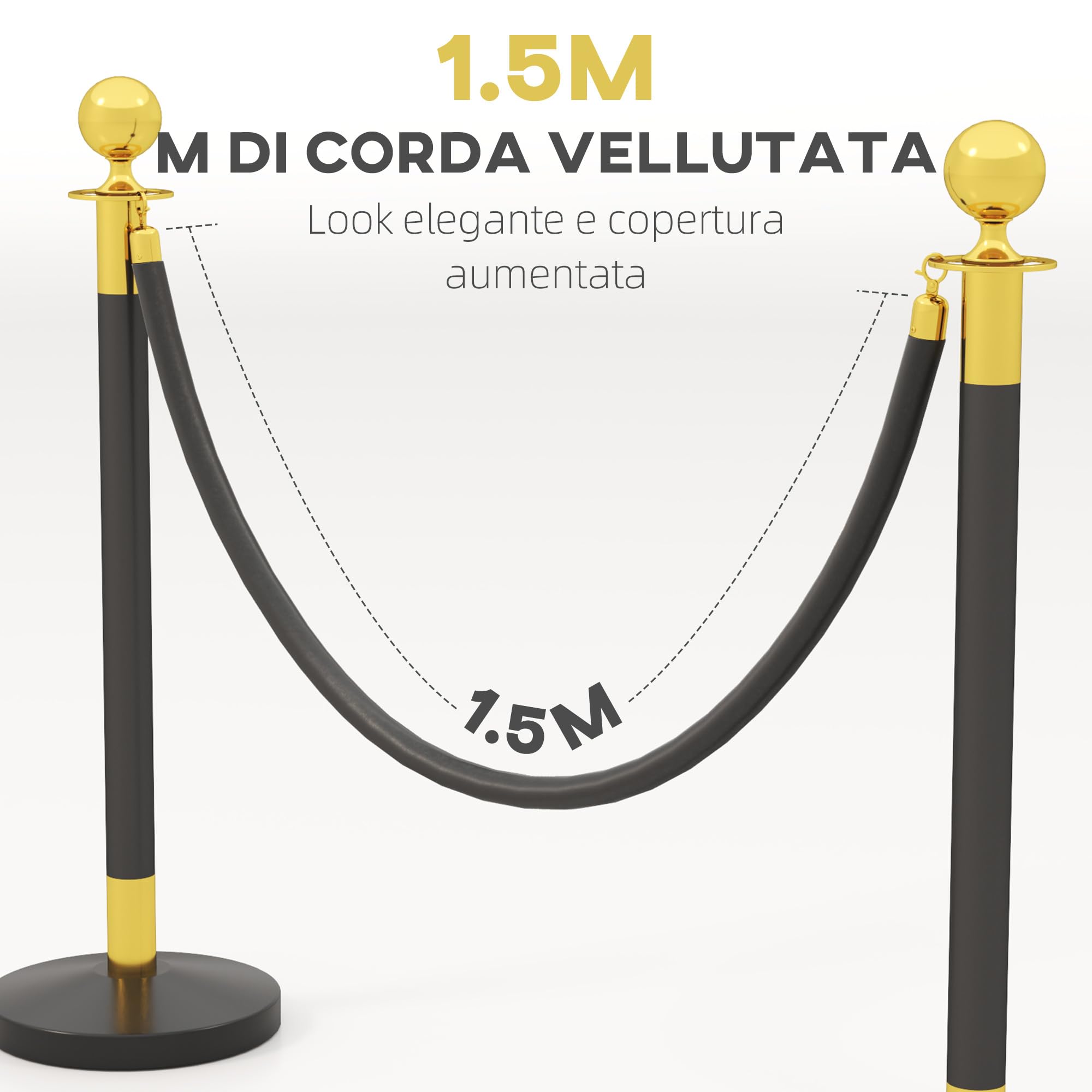 HOMCOM Colonnine Segnapercorso con Corda Vellutata di 1.5 m e Base Riempibile, Paletti Delimitazione Transenna Eliminacode in Acciaio Inox, per Hotel e Ristorante, Ø32x96 cm, Nero