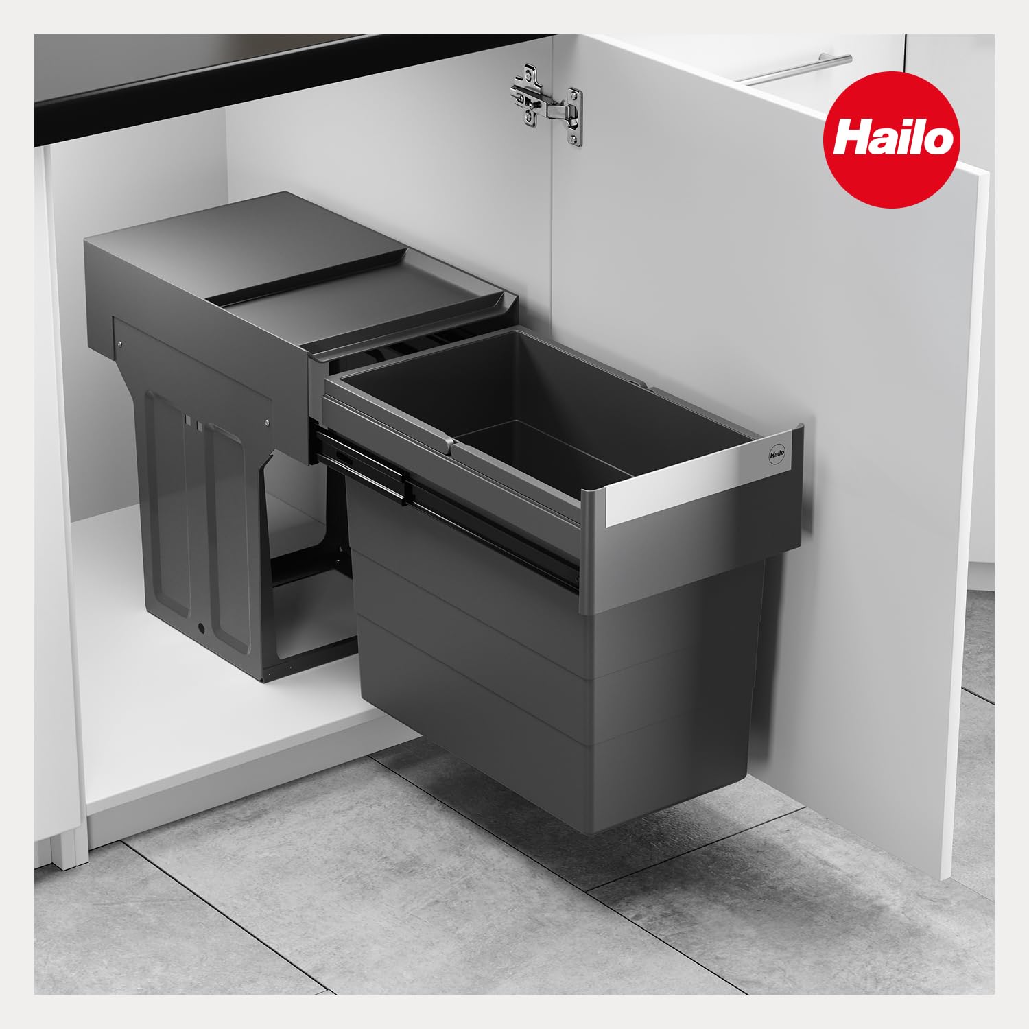 Hailo Poubelle 3666911 - Single Box 28 l - Pour armoires inférieures à partir de 40 cm - Extension télescopique à la main - Anthracite (1 x 28 l)
