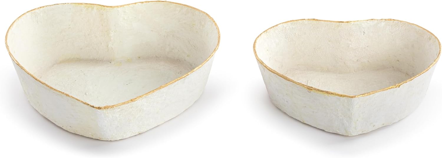 DEMDACO Decorative Display Bowl With Gold Trim, 10 x 11 Inch Paper Mache, Heart Shaped - Set of 2