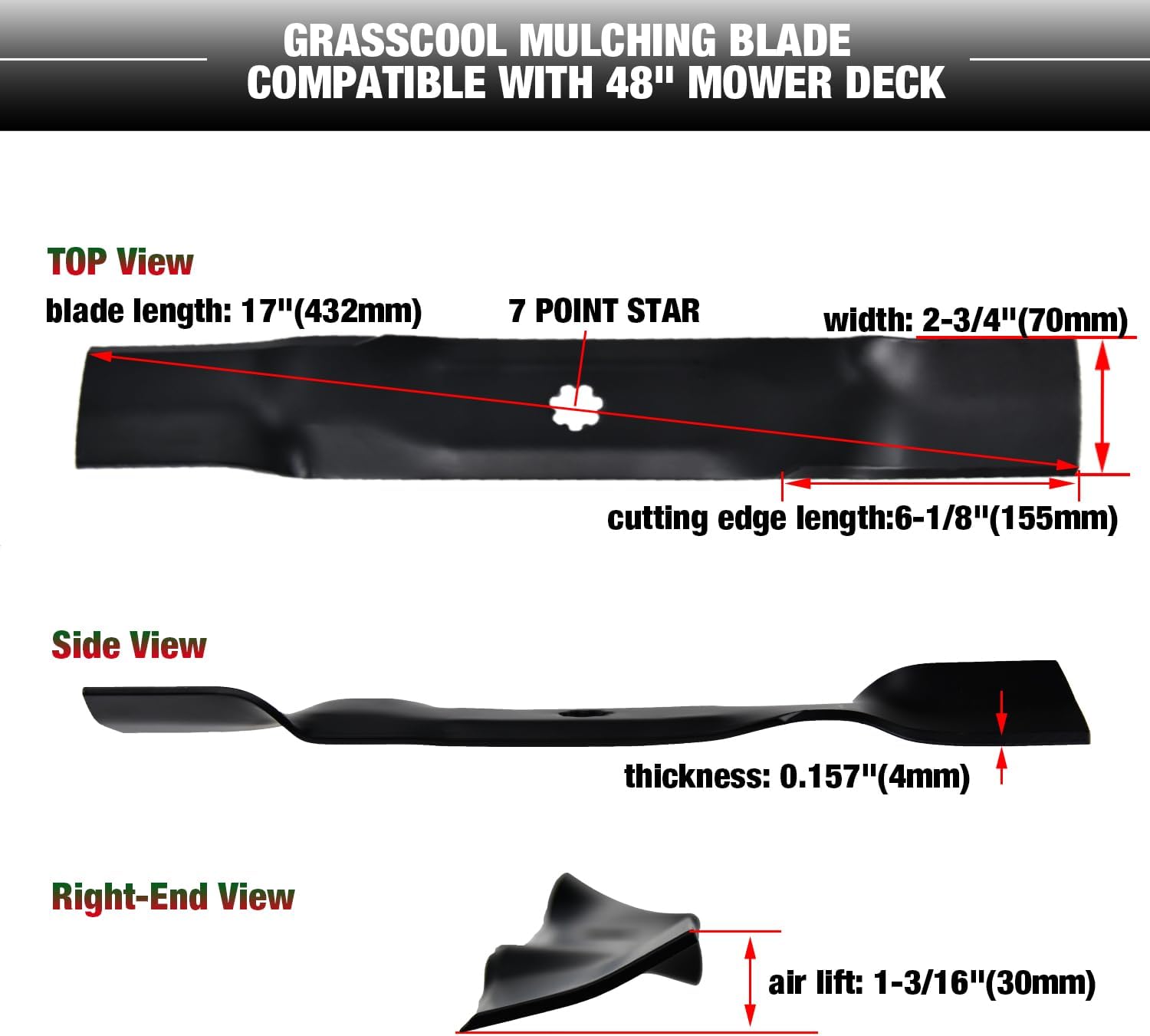 48 inch Mower Mulching Blade Replacement for John Deere LA145 LA155 155C D140 LA140 E150 E160 48'' Deck Lawn Mower Replace for GY20852 GX21784 AM141035 AM137757 (3Pack)