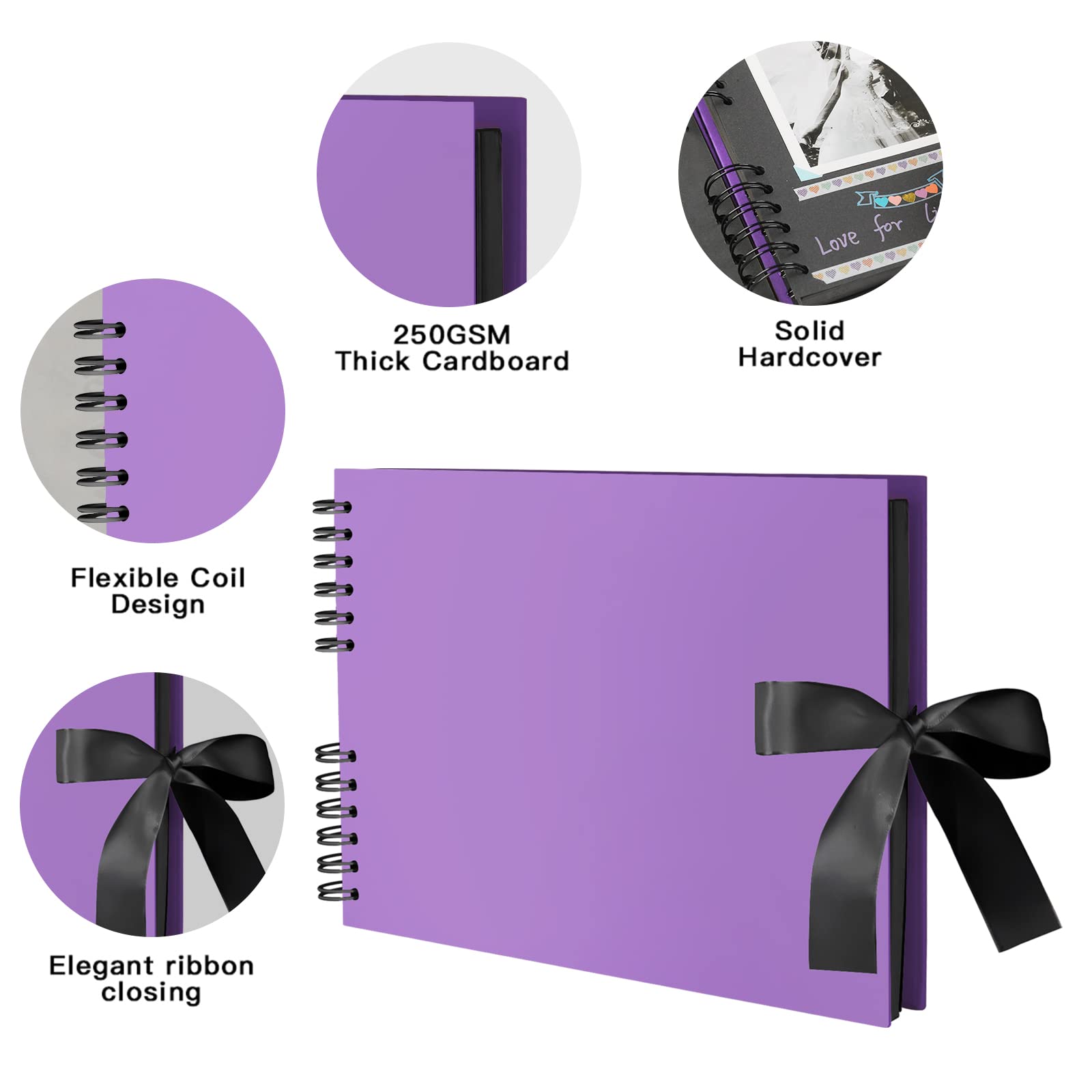 EVNEED Album photo pour scrapbooking - Pages noires pour mariage, anniversaire, Saint-Valentin - Avec 15 marqueurs de peinture, 80 pages, violet (40 feuilles)