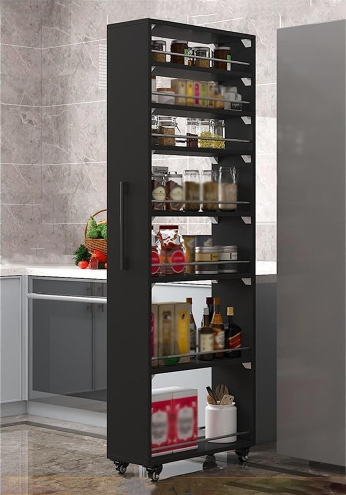 Rolling Se, scaffale Sto a 7 livelli con maniglia e ruota, sottile dispensa per sala da pranzo, tavolino da 183,9 cm