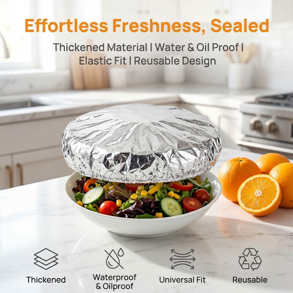 Aluminum Foil Insulation Cover, Elastic Foil Food Covers for Kitchen, Reusable Heat-Retaining Aluminium Food Covers, 110℃ Heat Resistant Elastic Lids for Kitchen, Picnic Restaurant (200Pcs)