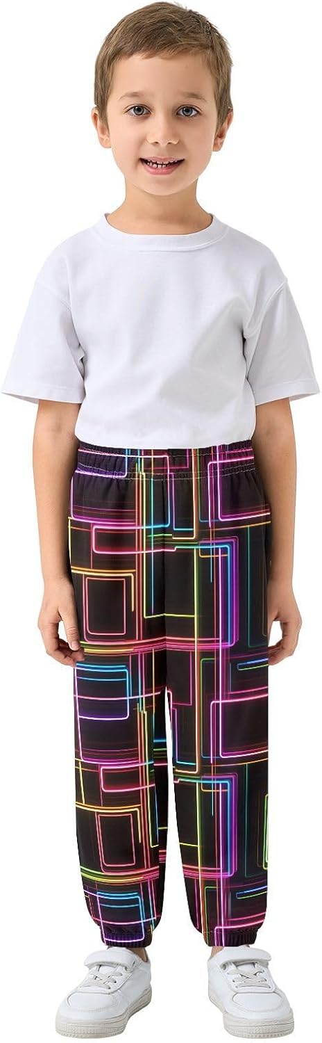 Boy Sweatpants Neon-Colored Lines Joggers Casual Athletic Pants Kids Elastic Waist Cuffed with Pockets
