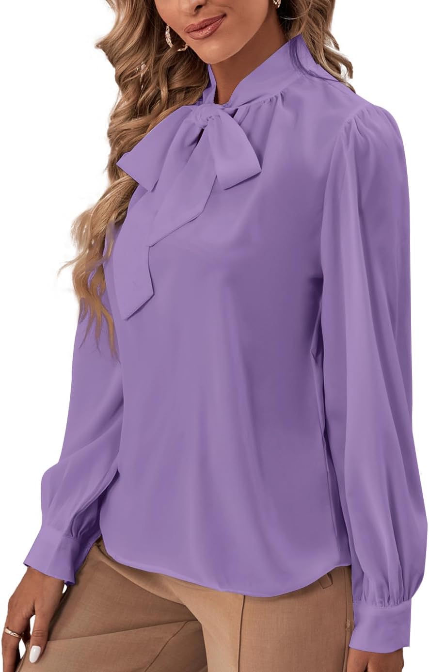 Rooscier Women's Bow Tie Neck Long Sleeve Buttton Cuff Chiffon Elegant Blouse - Image 4